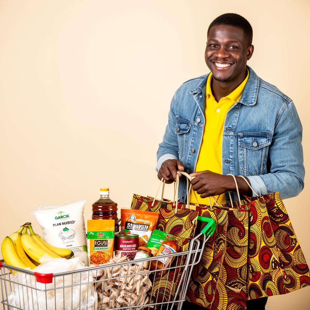 African Essentials — shopper with a cart full of essentials